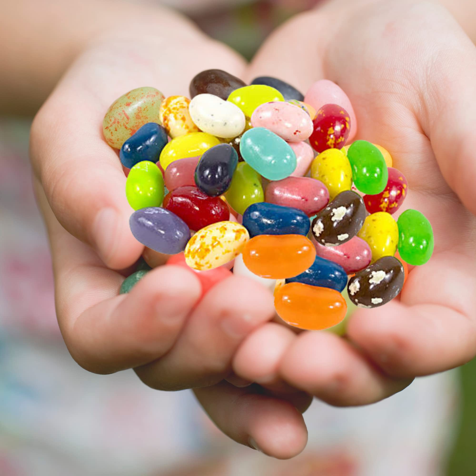 Jelly Belly beans in a clear candy dish demonstrating easy serving and eye-catching color