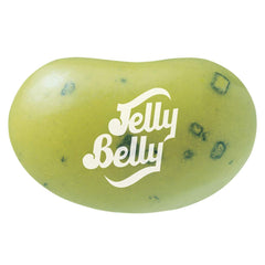 Jelly Belly close-up of green spotted shell texture highlighting authentic pear-like flavor