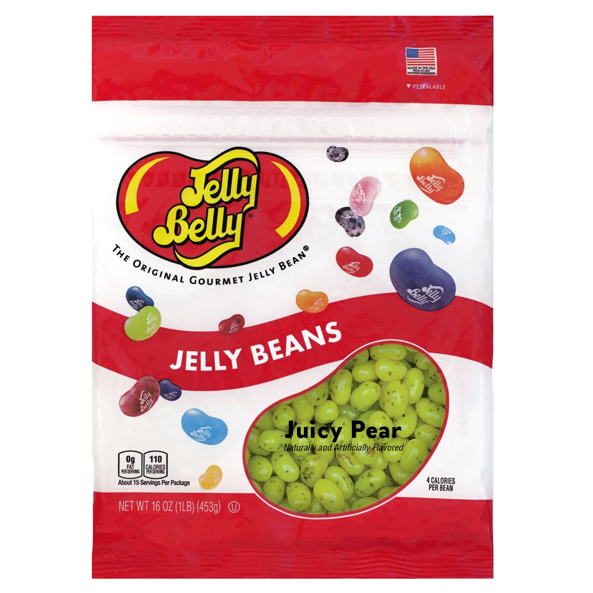 Jelly Belly front of bag showing 1 lb resealable pack and pear imagery for long-lasting freshness