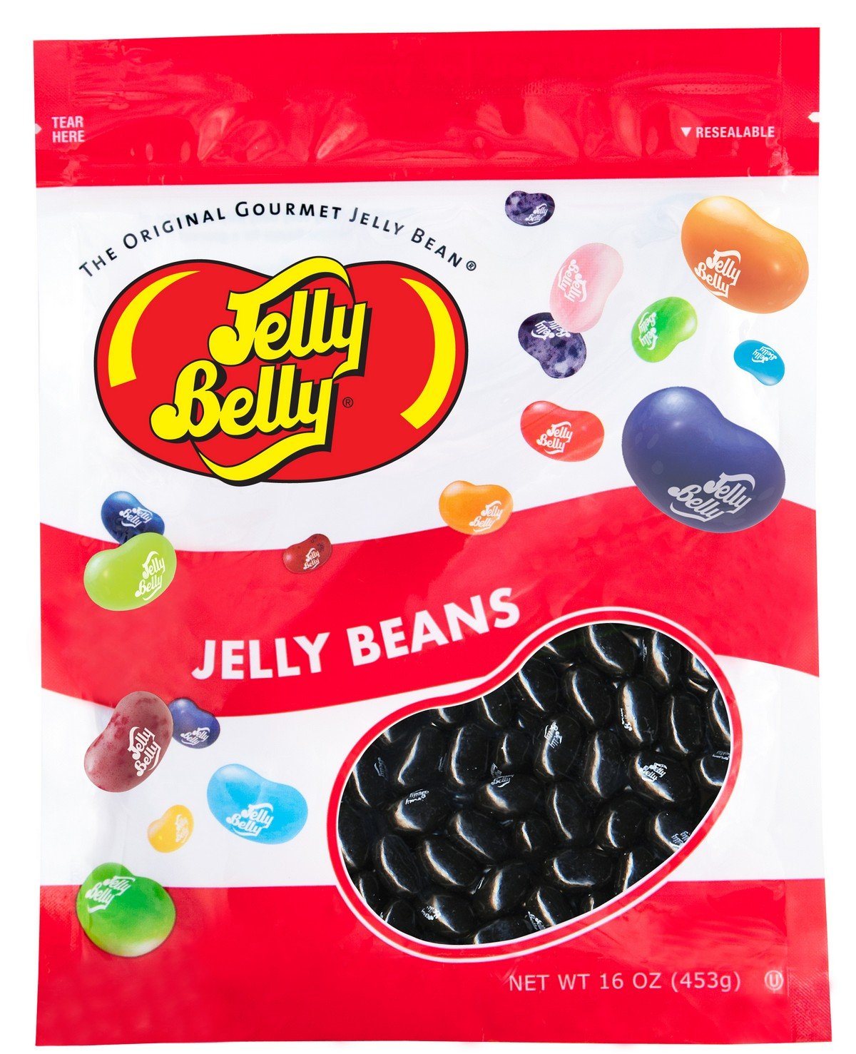 Jelly Belly front packaging showing resealable one pound bag, great for freshness