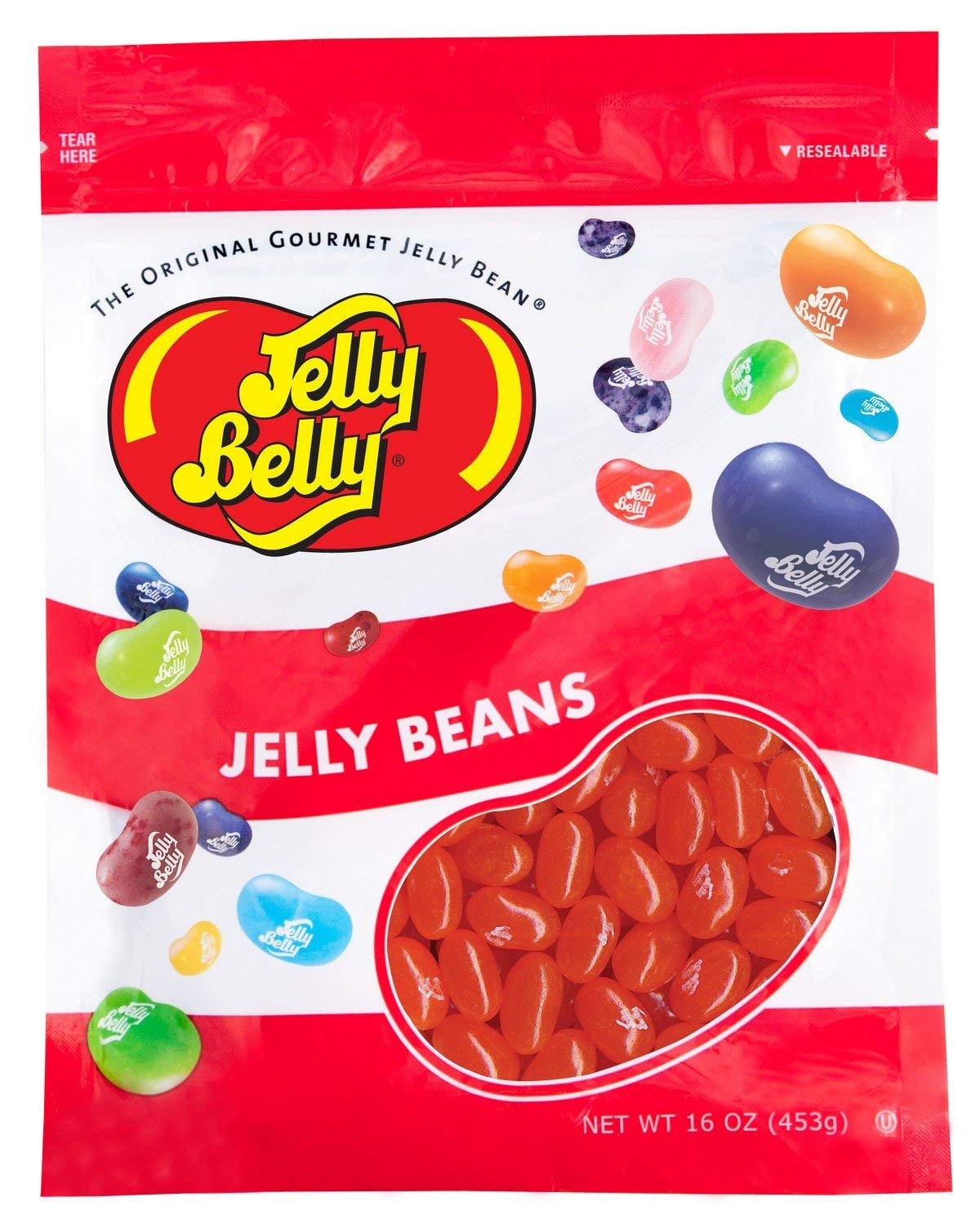 Jelly Belly front packaging showing brand and orange crush flavor, clear for quick recognition
