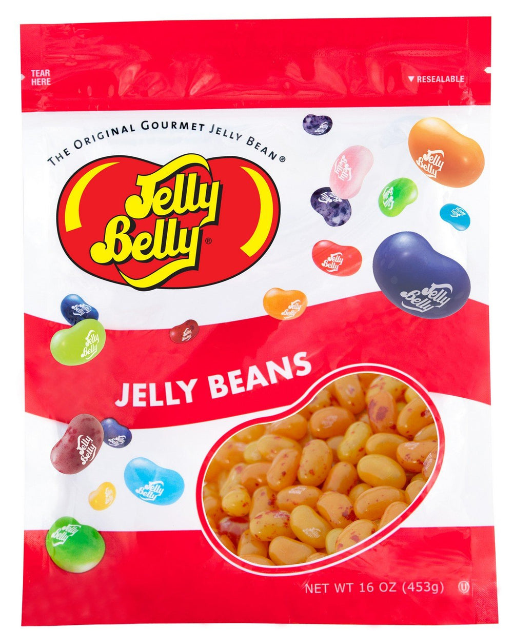 Jelly Belly front packaging showing resealable one-pound bag and peach color benefits freshness