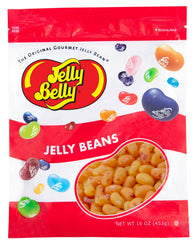 Jelly Belly front packaging showing resealable one-pound bag and peach color benefits freshness