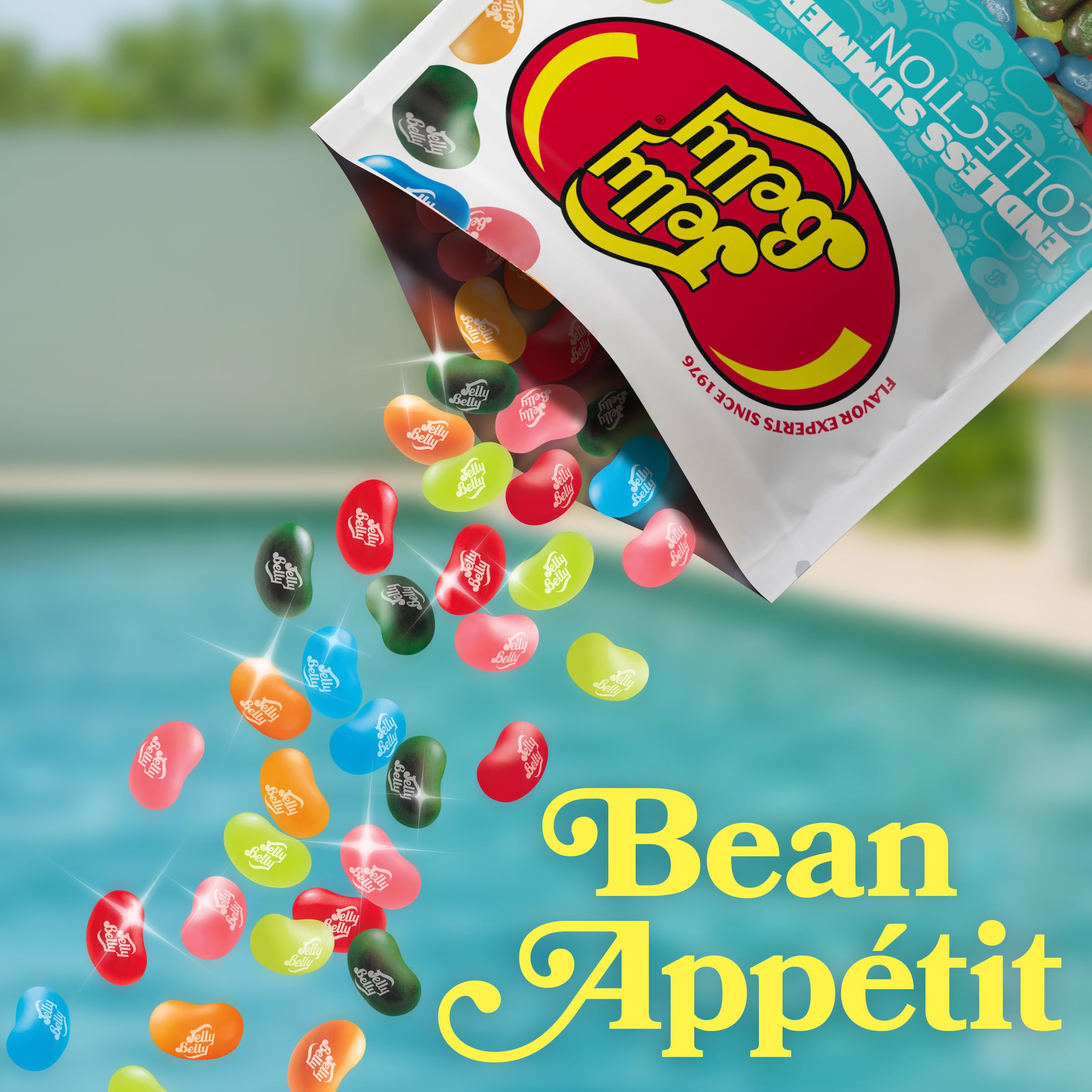 Jelly Belly snack bag on a picnic blanket illustrating portability and outdoor sharing