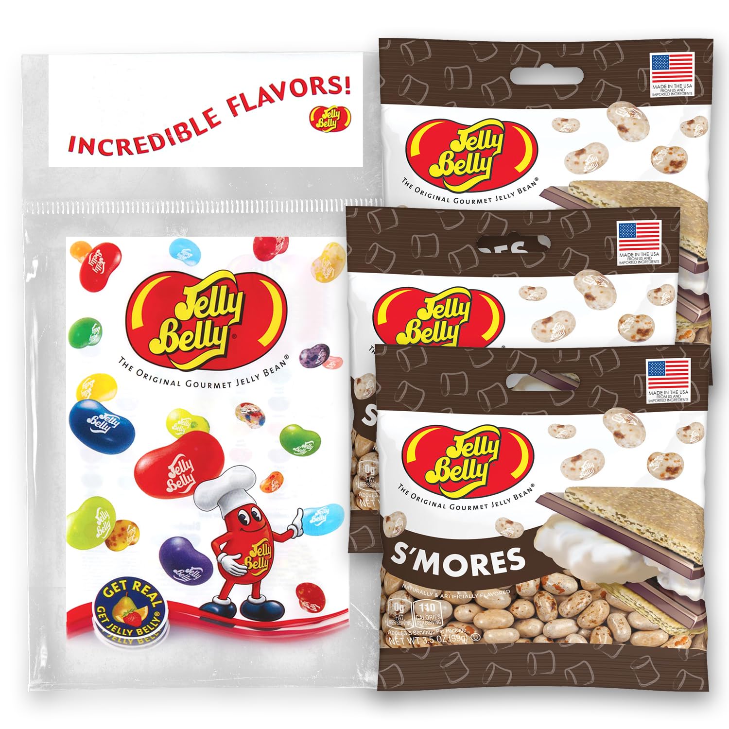Jelly Belly front packaging showing three Grab & Go bags benefit easy gifting