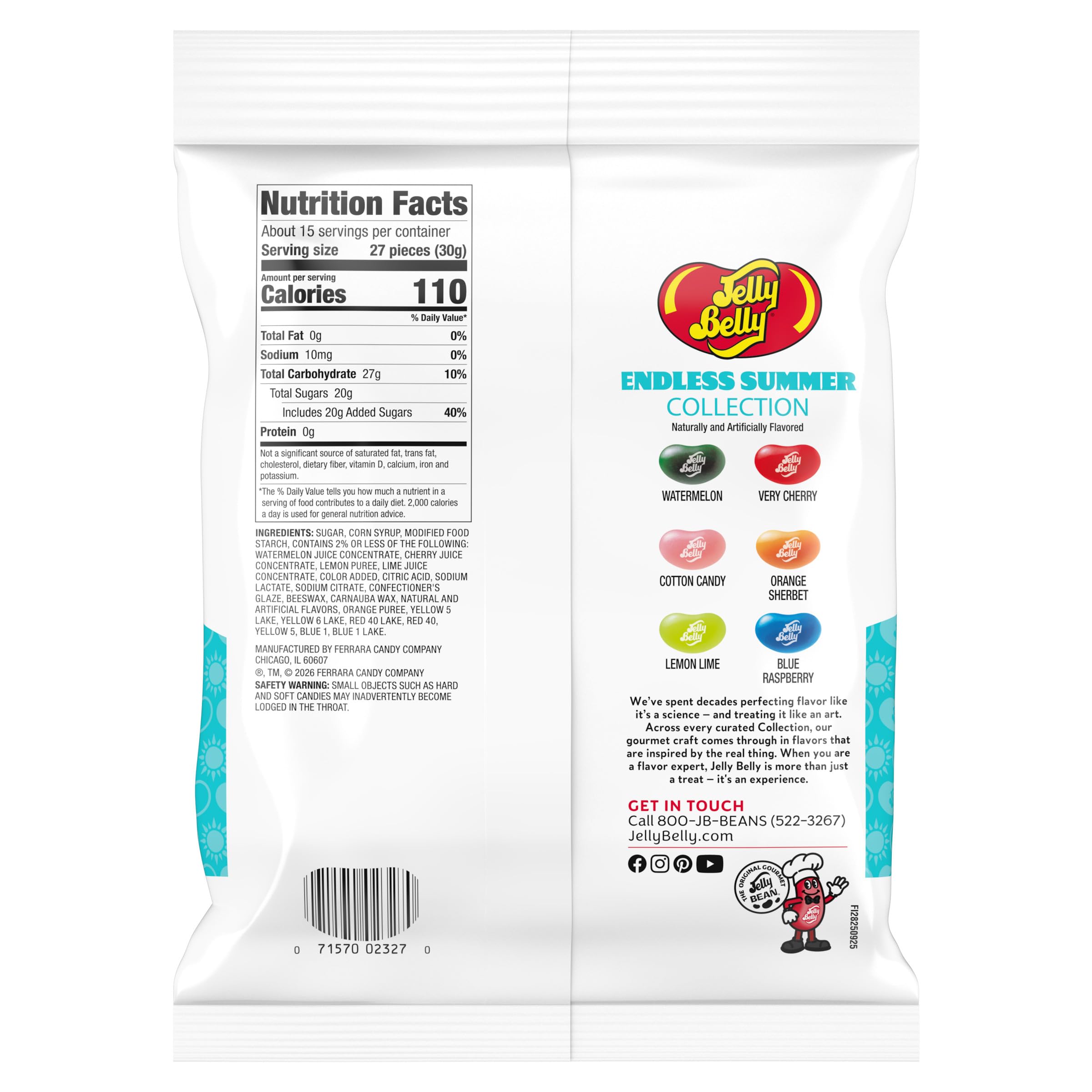 Jelly Belly one-pound bag beside a measuring cup showing size and serving quantity