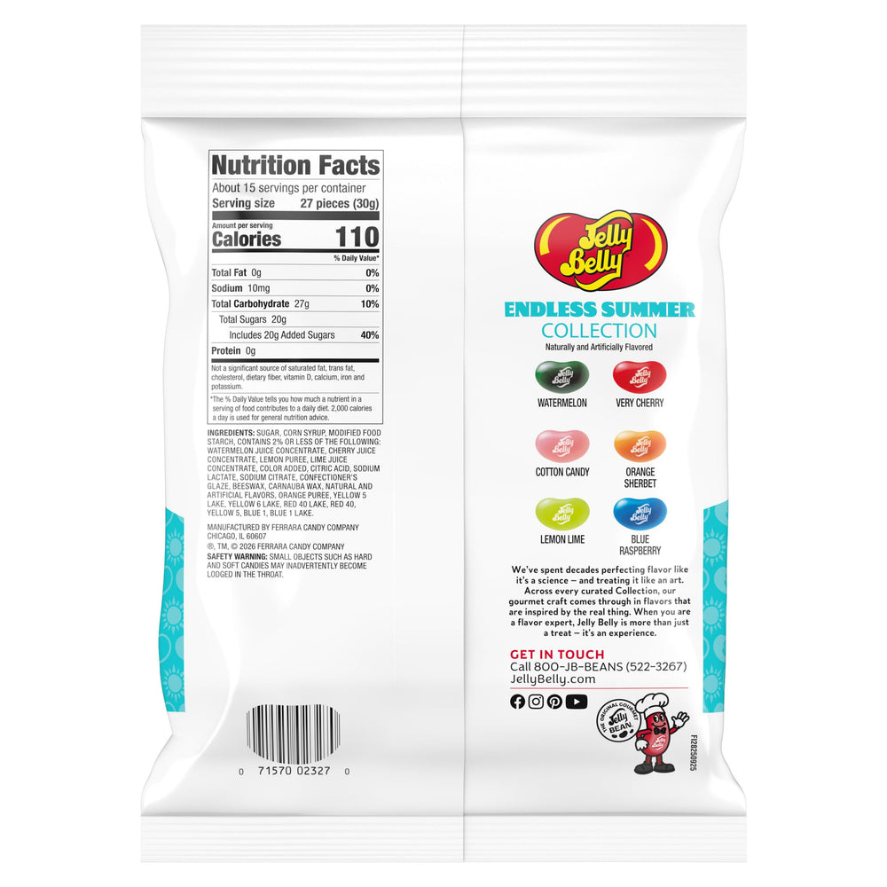 Jelly Belly one-pound bag beside a measuring cup showing size and serving quantity