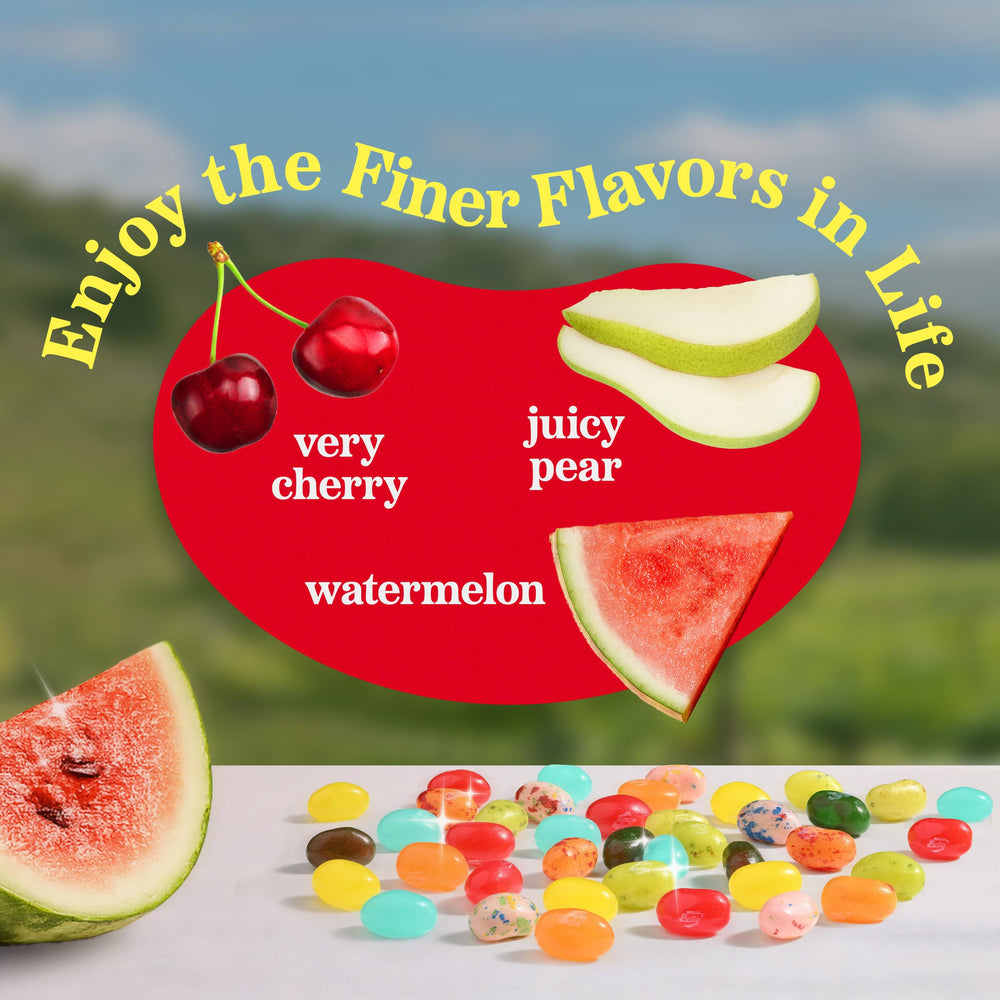 Jelly Belly serving-size next to common objects showing compact grab-and-go size