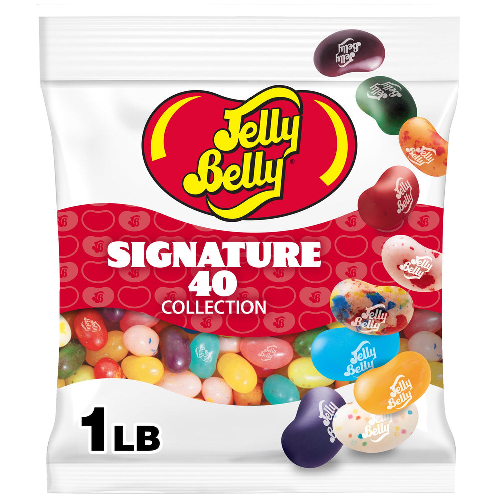 Jelly Belly front pouch showing Signature 40 branding and resealable top for freshness