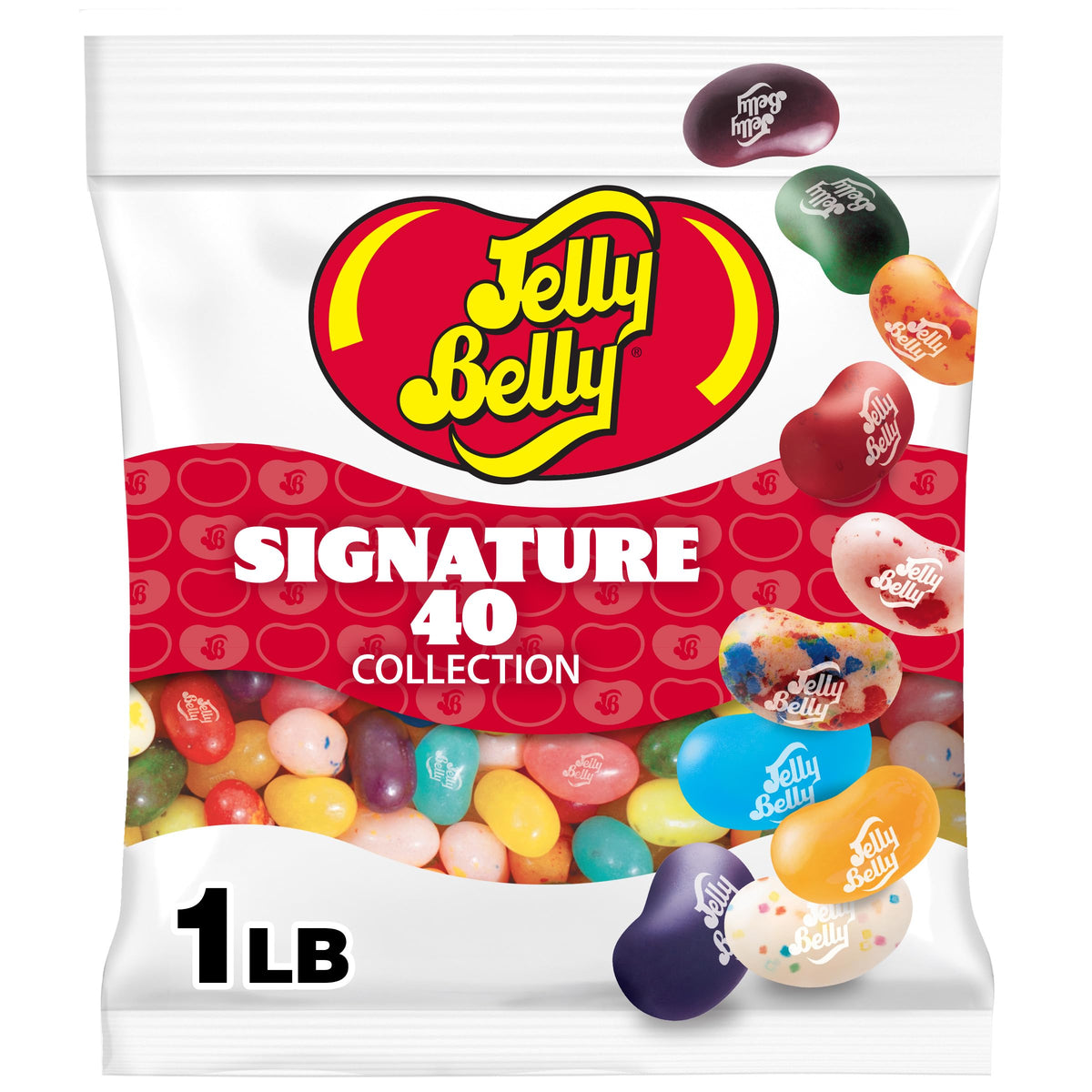 Jelly Belly front pouch showing Signature 40 branding and resealable top for freshness
