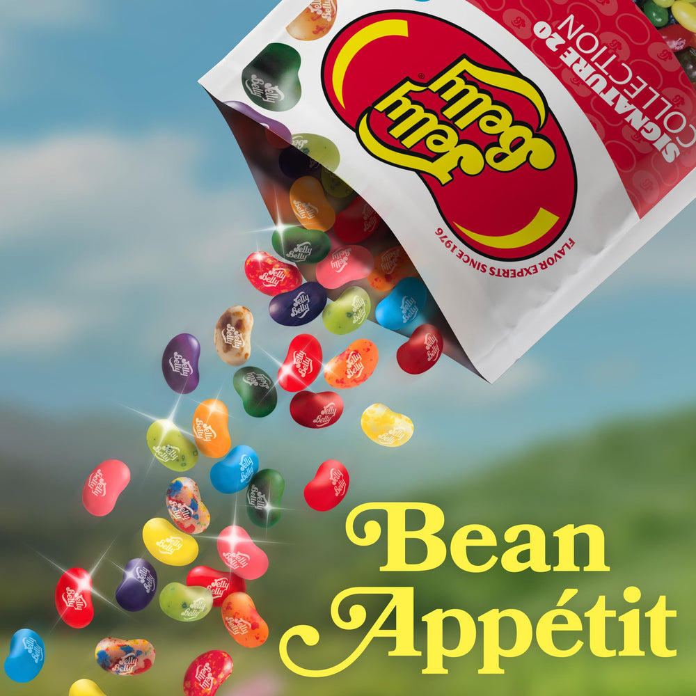 hand holding Jelly Belly bag to show 1 pound scale and portion size