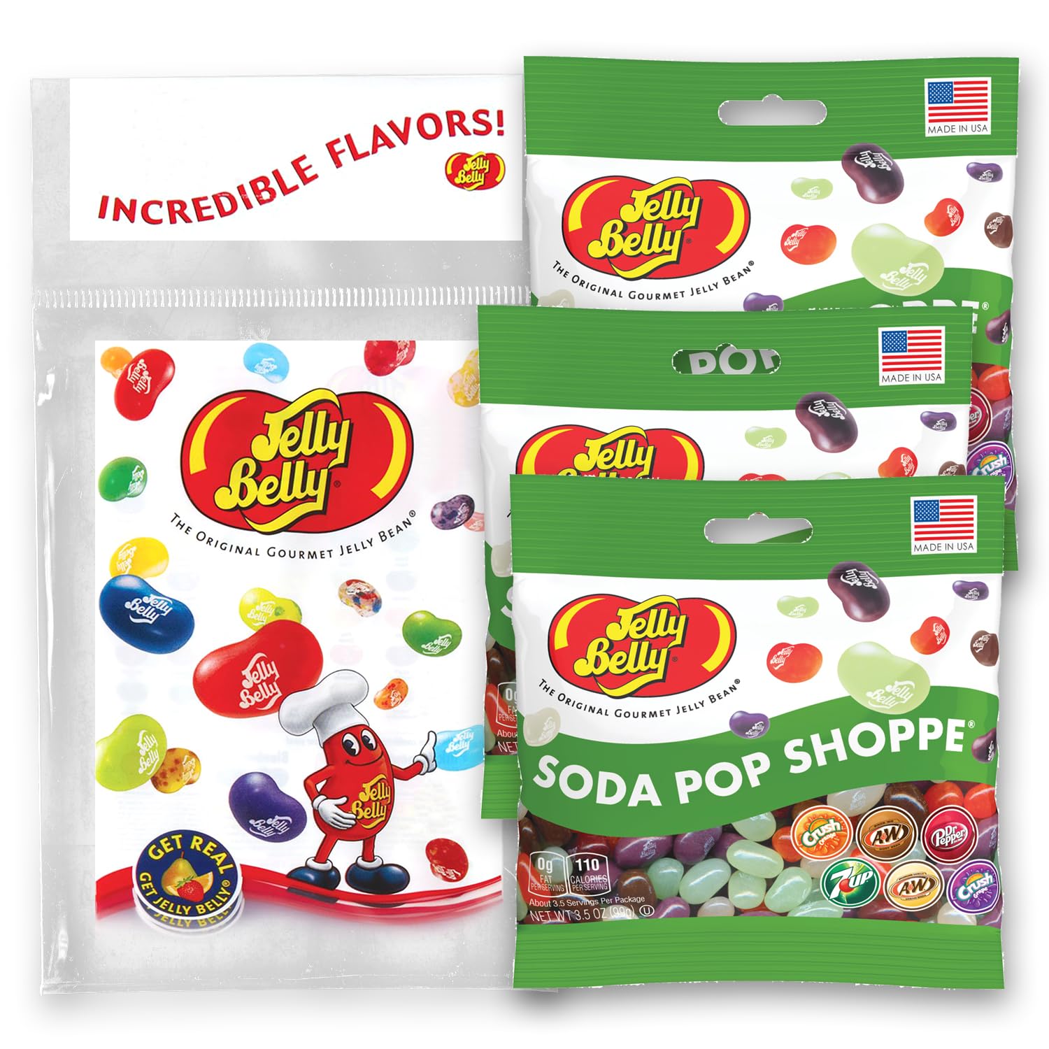 Jelly Belly front packaging showing three grab-and-go bags and tear-off bag convenience