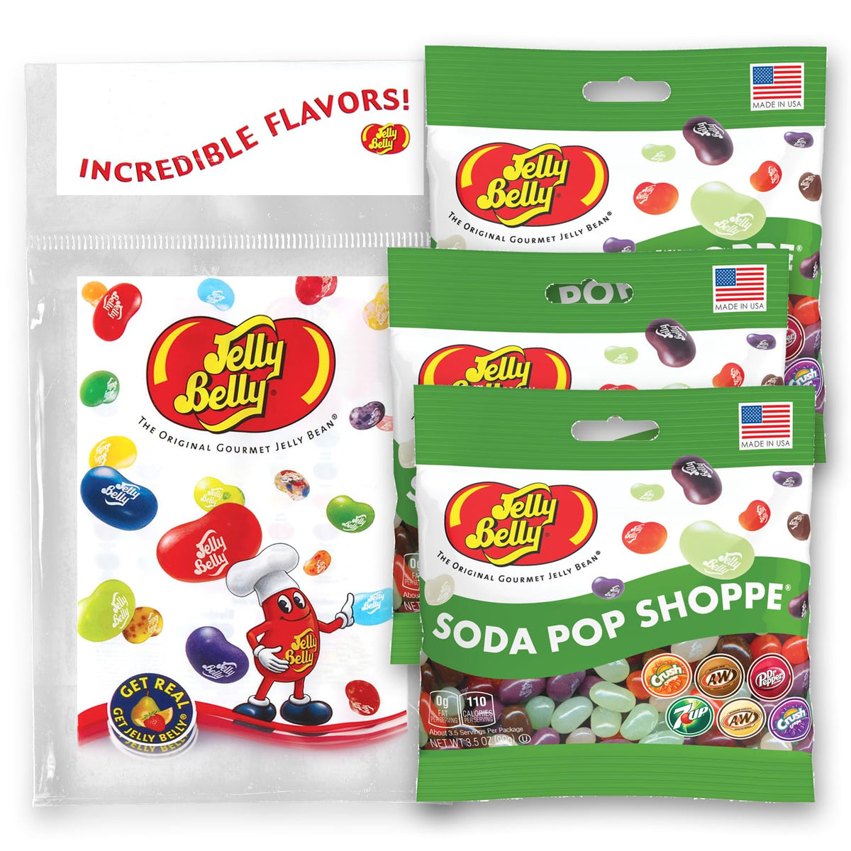 Jelly Belly front packaging showing three grab-and-go bags and tear-off bag convenience