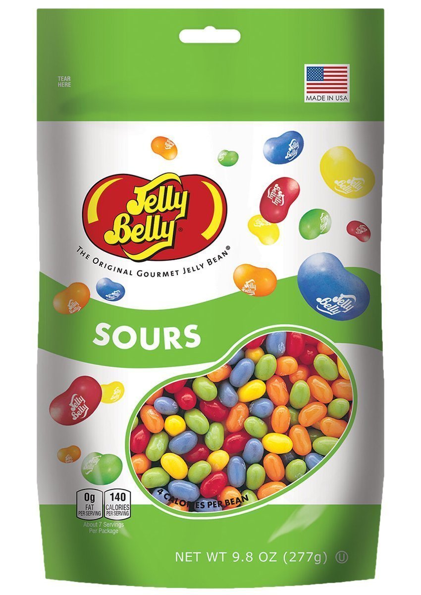 Jelly Belly front pouch showing brand and resealable convenience