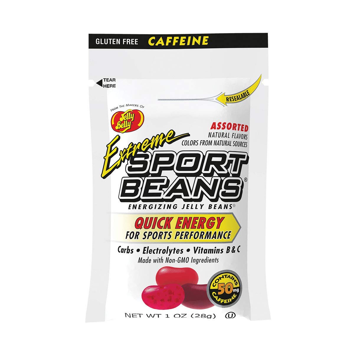 Jelly Belly front packaging showing 24 one-ounce bags and quick portability benefit