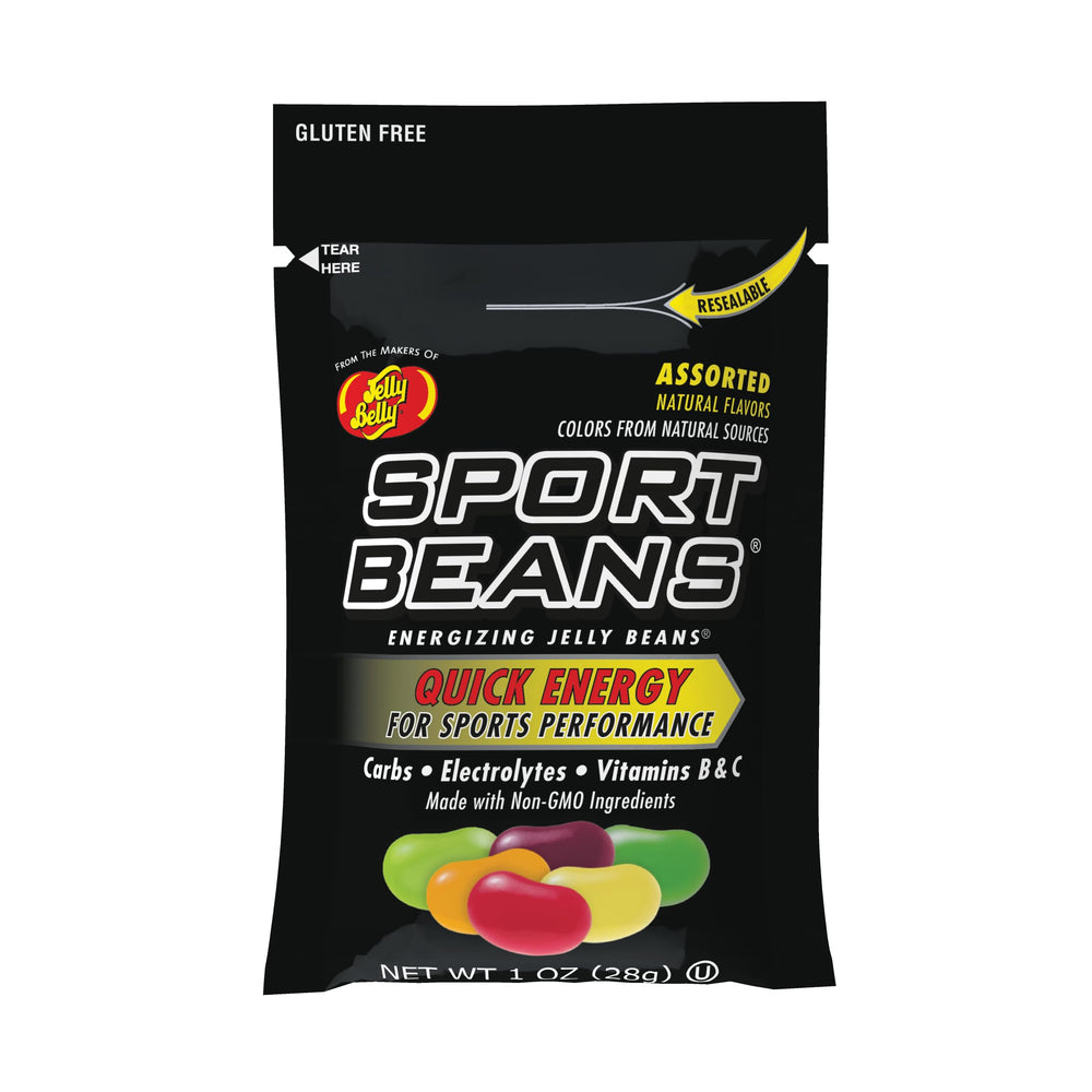 Jelly Belly front packaging showing single-serve sport bean packs for quick fuel