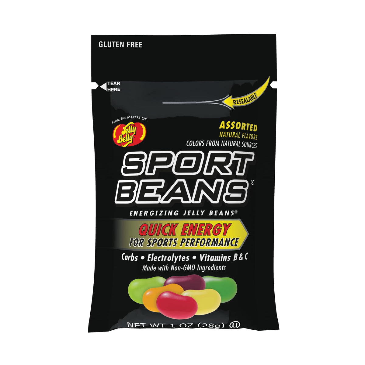 Jelly Belly front packaging showing single-serve sport bean packs for quick fuel