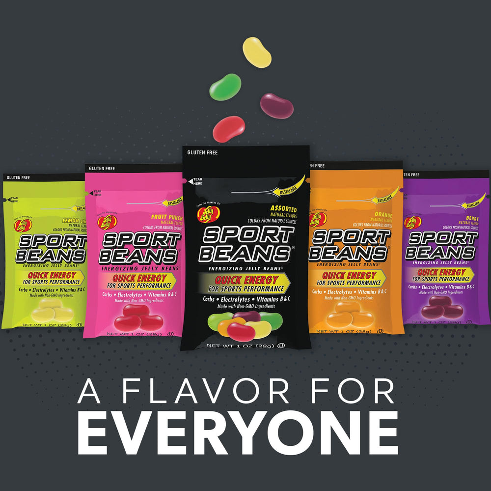 Jelly Belly assorted beans spread on surface highlighting flavor variety benefit