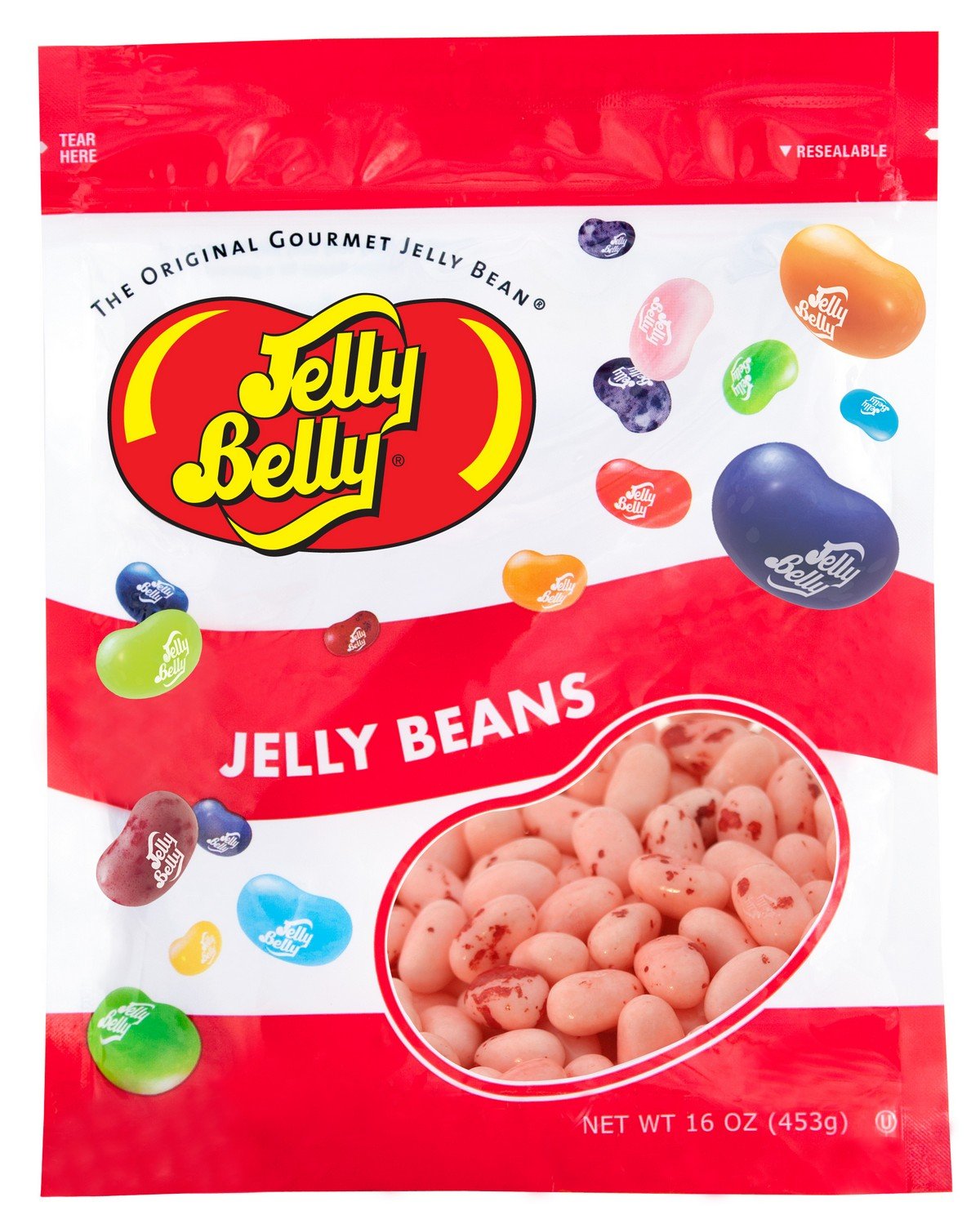 Jelly Belly front packaging showing one-pound resealable bag and flavor name for freshness