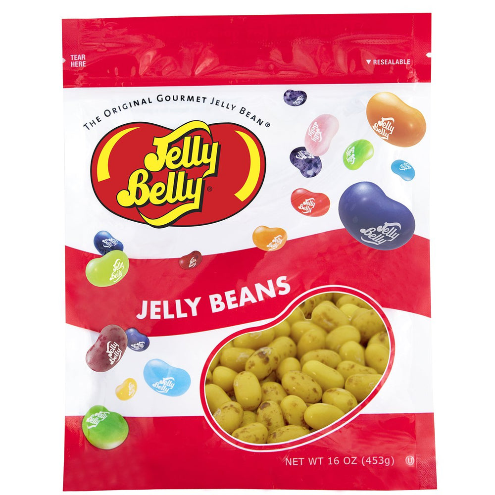 Jelly Belly front packaging of Top Banana beans showing brand and resealable bag benefits
