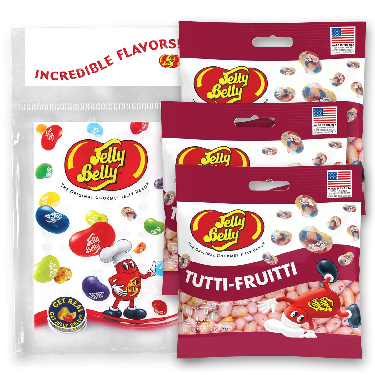 Jelly Belly front packaging showing colorful tutti-fruitti beans and portability benefit