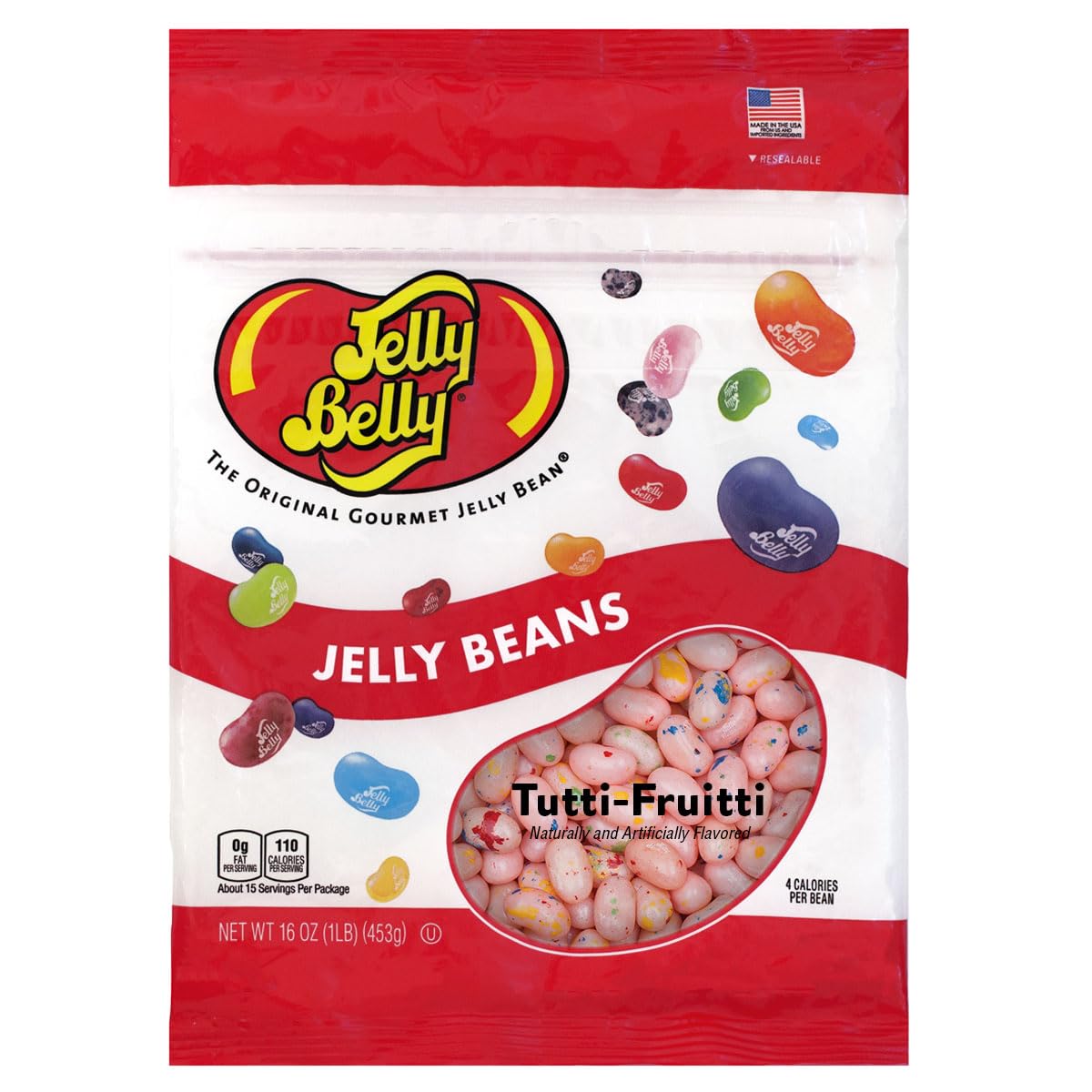 Jelly Belly front packaging showing resealable one-pound bag and colorful branding benefit freshness