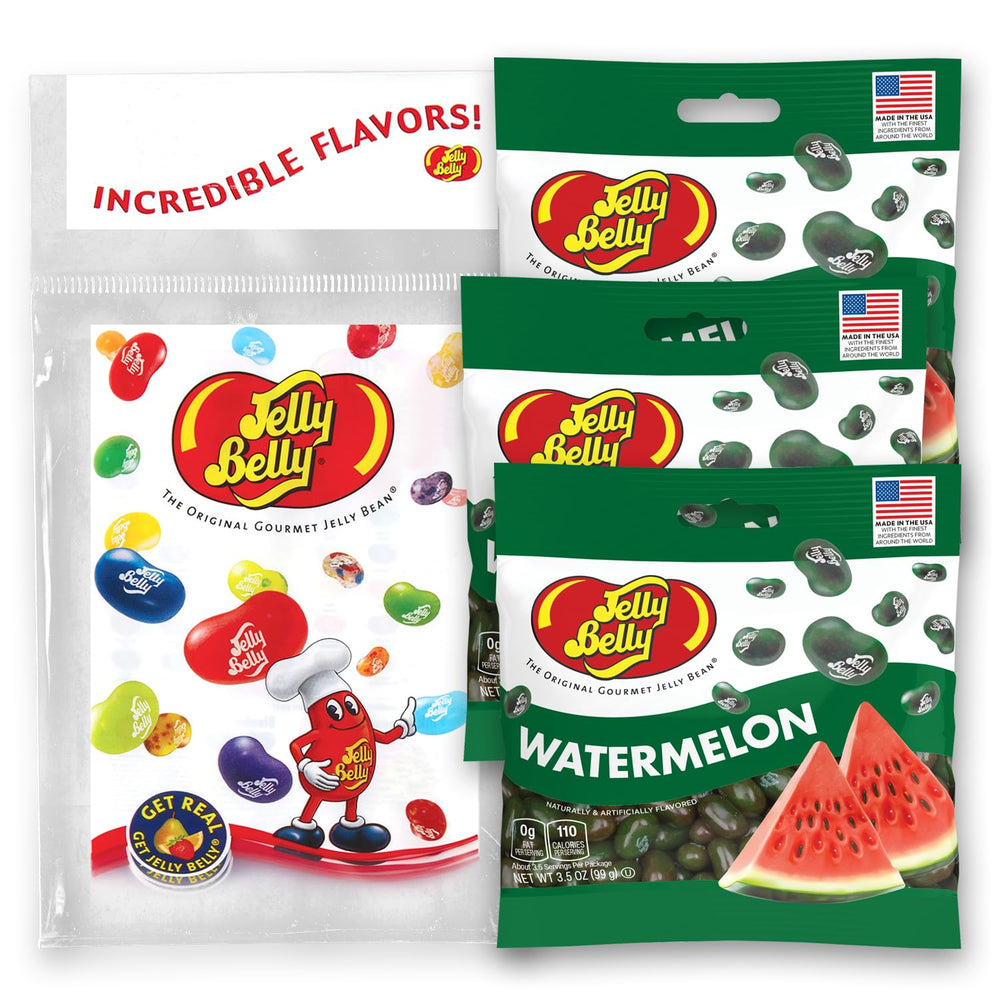 Jelly Belly front packaging showing three resealable bags and convenience