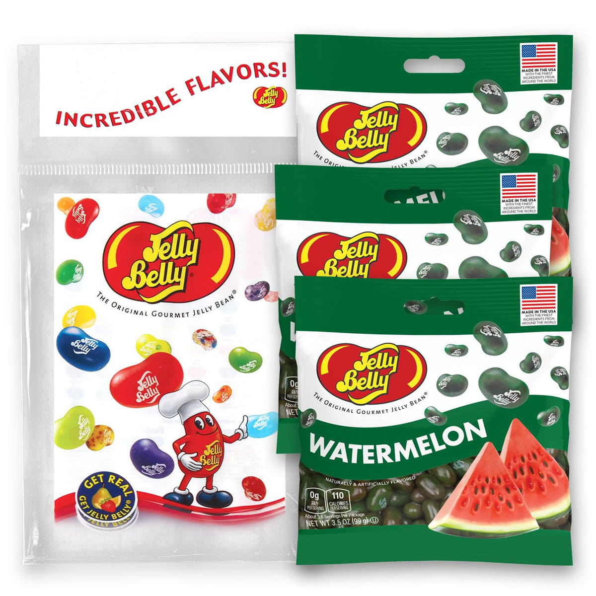 Jelly Belly front packaging showing three resealable bags and convenience