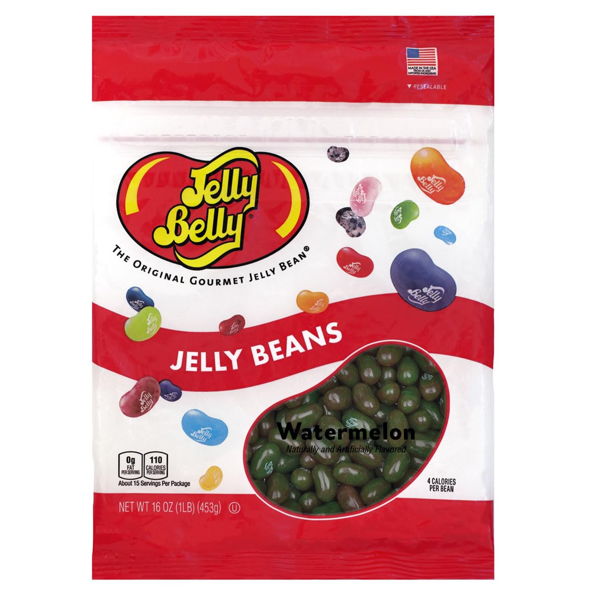 Jelly Belly front package showing watermelon beans and branding for freshness