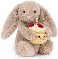 Jellycat Bashful Beige Bunny front view showing soft fur and birthday cake — perfect gift appeal