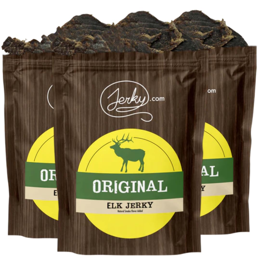 Jerky.com elk front packaging showing three resealable pouches and convenience