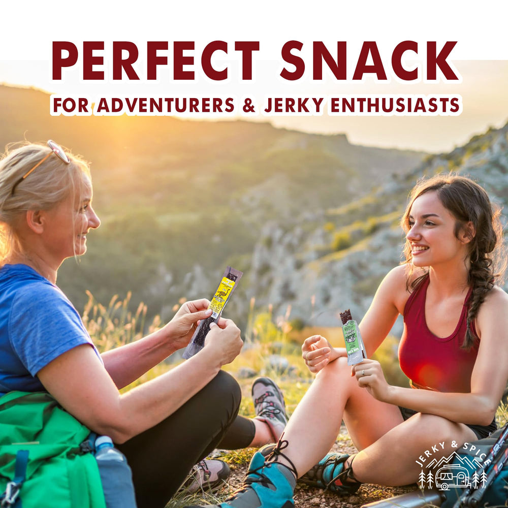Jerky-n-Spice pack on a camping stump signaling outdoors-ready protein snack