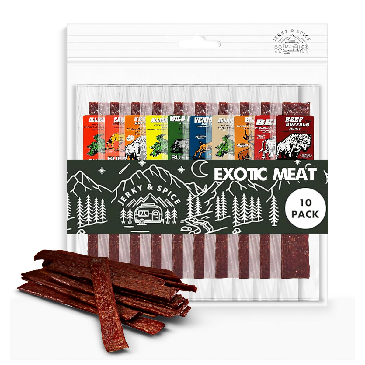 Jerky-n-Spice front packaging showing 10-count exotic jerky sampler and bold branding