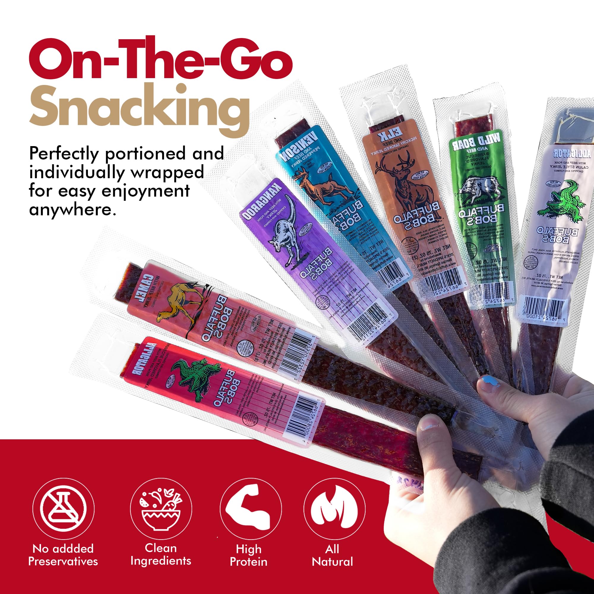 Jerky-n-Spice individually wrapped meat sticks laid out to show variety and portability
