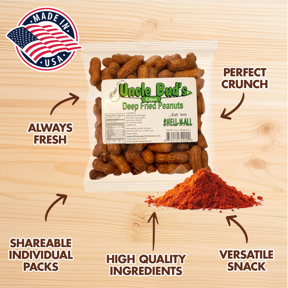 Jerky-n-Spice shelled peanuts revealing seasoned interior and crunchy appeal