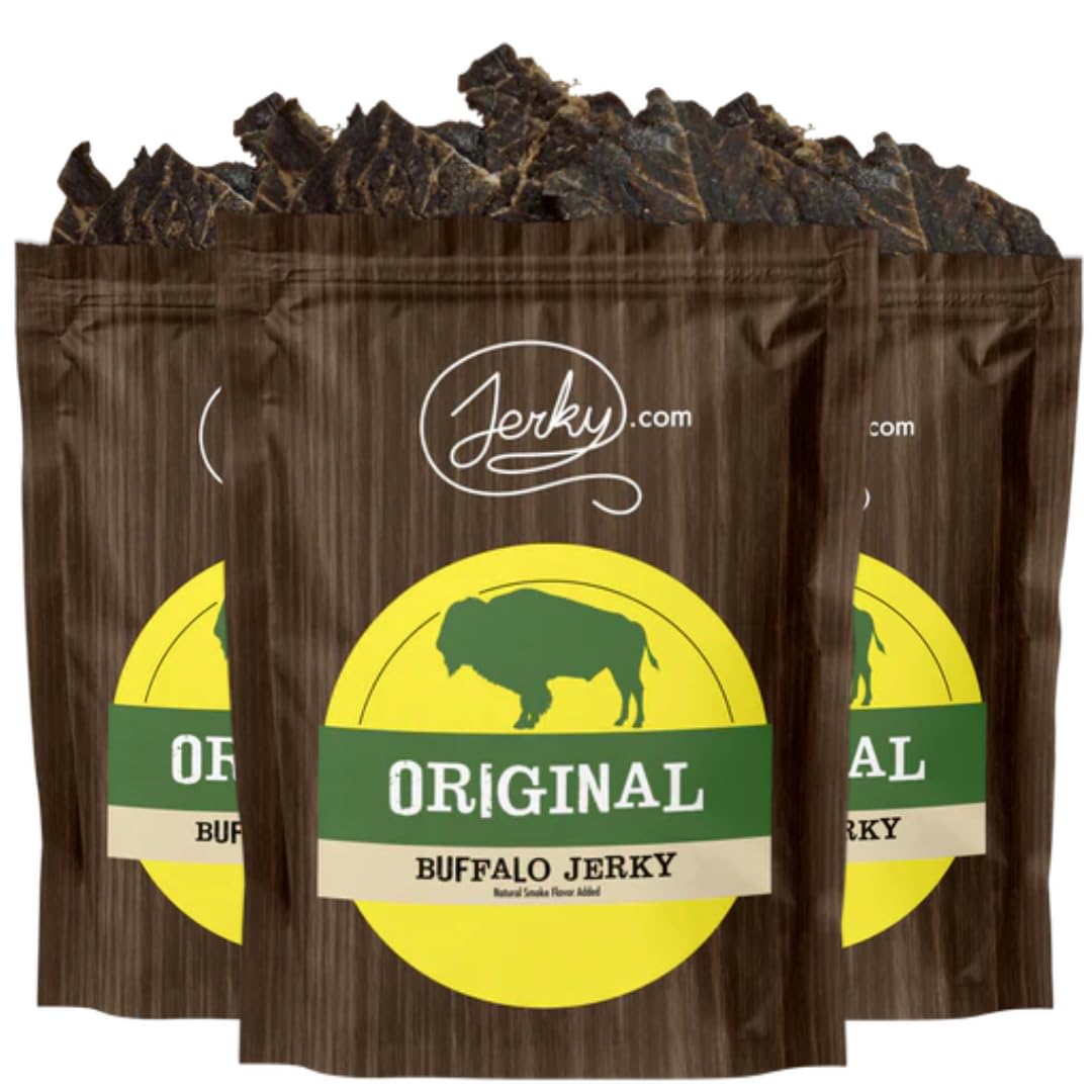 Jerky.com buffalo jerky front packaging showing 3-pack and brand, portable protein