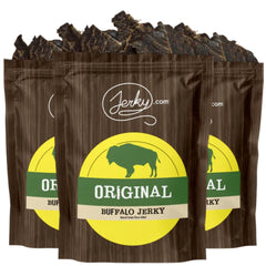 Jerky.com buffalo jerky front packaging showing 3-pack and brand, portable protein