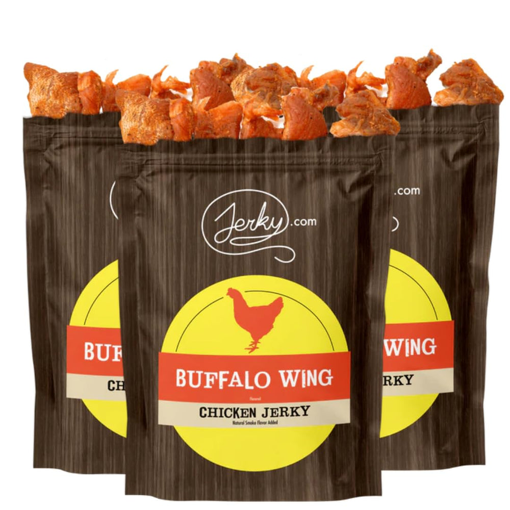 Jerky.com front packaging showing buffalo wing chicken jerky and resealable bag benefits