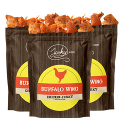 Jerky.com front packaging showing buffalo wing chicken jerky and resealable bag benefits