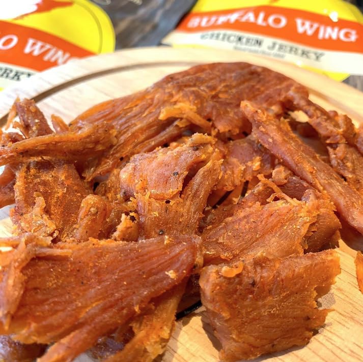 Jerky.com open bag with buffalo wing jerky pieces visible for easy grab-and-go snacking