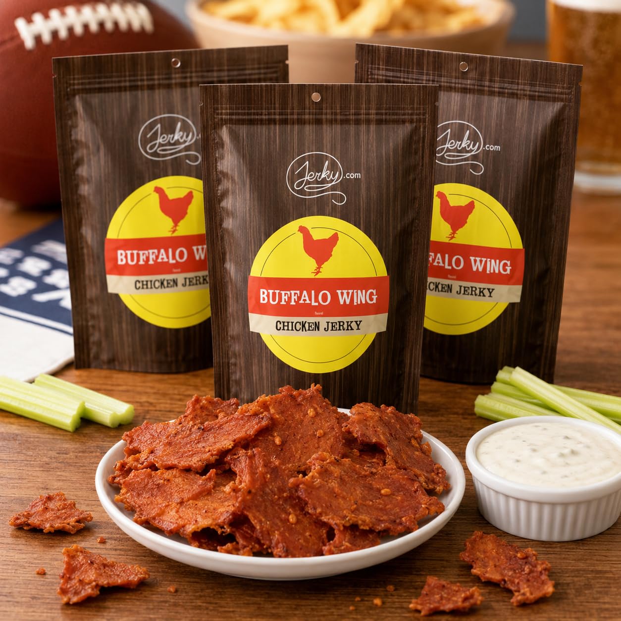 Jerky.com jerky held in hand for scale showing portable 2.5 oz bag convenience