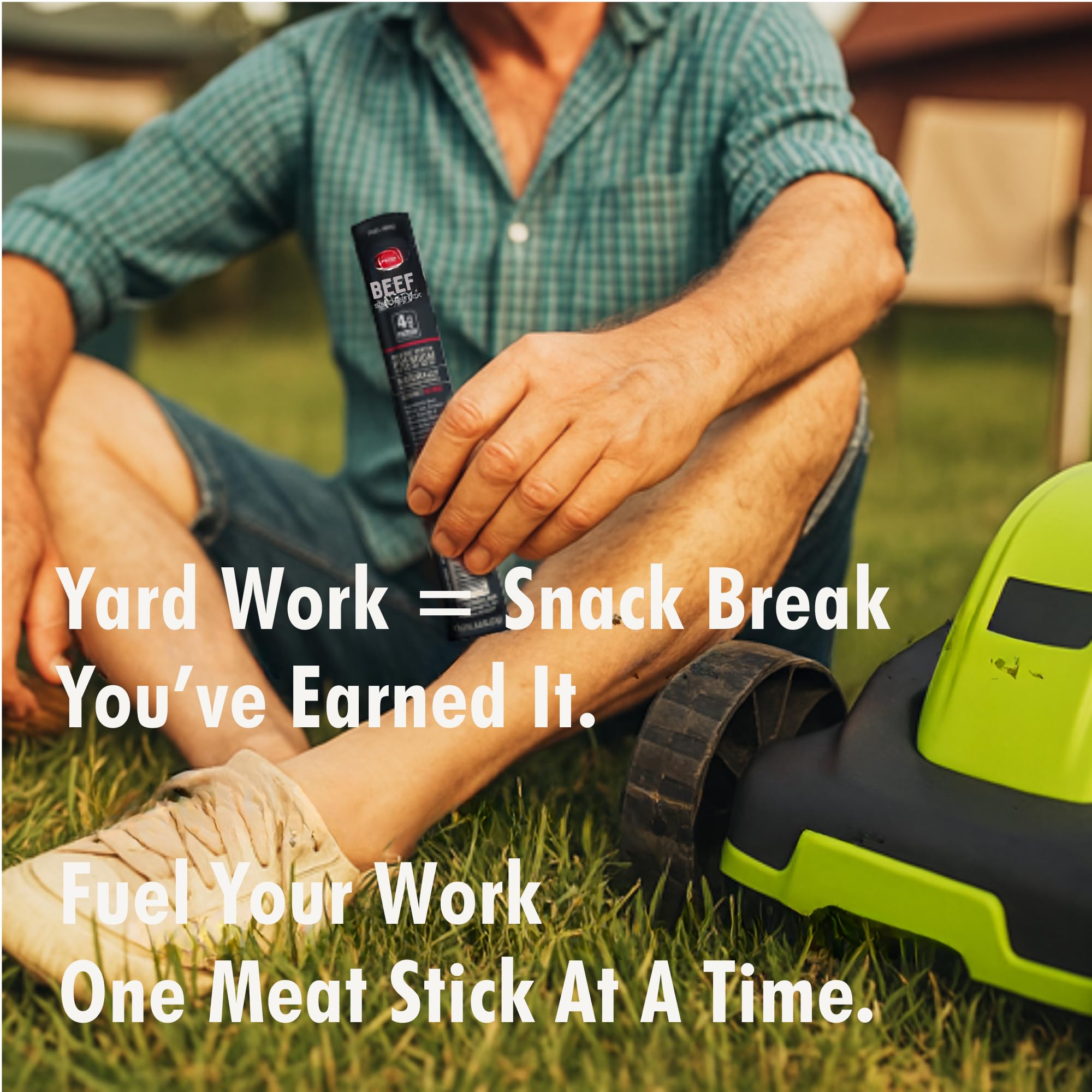 Jerky.com person enjoying a stick outdoors showing convenient protein benefit