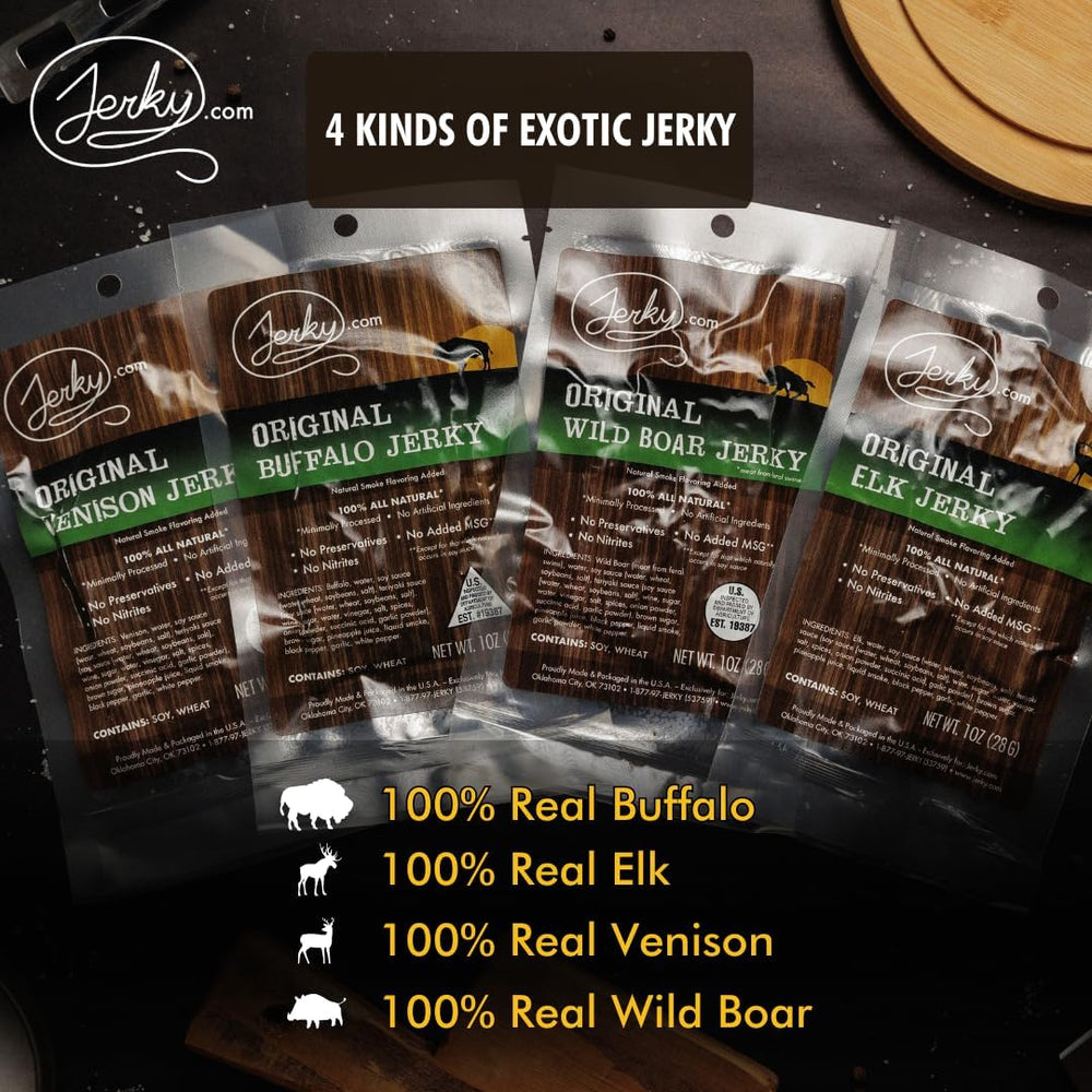 Jerky.com buffalo jerky strip close-up displaying robust, hearty bite