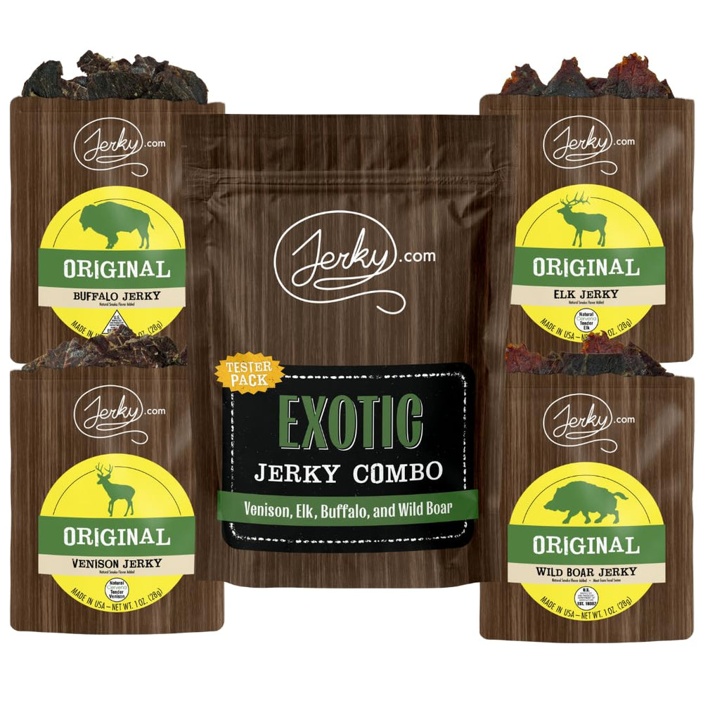 Jerky.com front packaging showing four exotic jerky sticks and gift-ready design