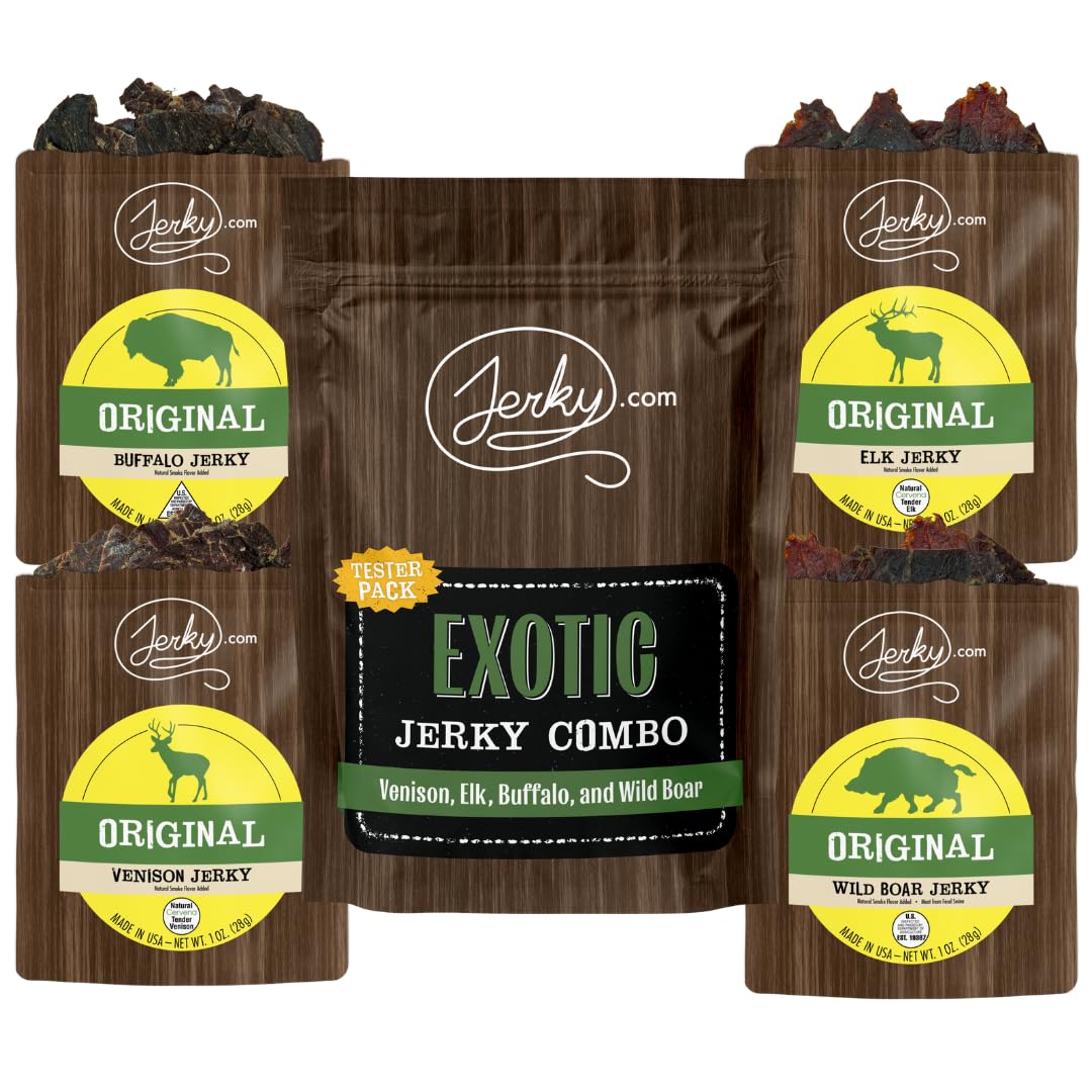 Jerky.com front packaging showing four exotic jerky sticks and gift-ready design
