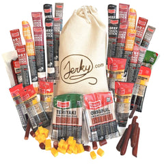Jerky.com front packaging and canvas bag showing gift-ready presentation and convenience