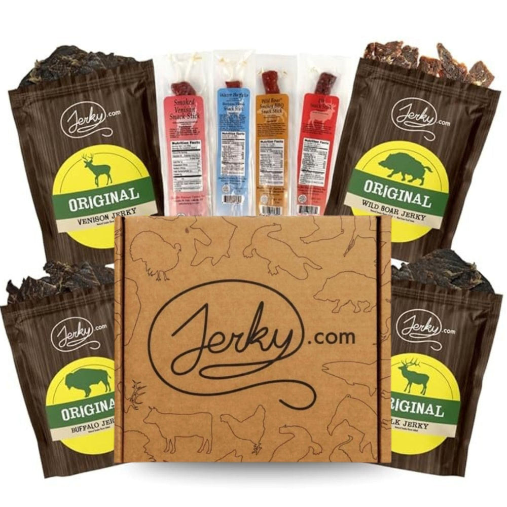 Jerky.com front packaging shot showing the 8-piece exotic jerky gift box and clear branding benefit