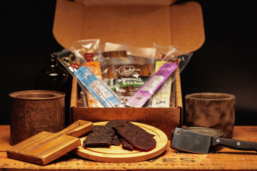Jerky.com gift box staged outdoors to show gifting appeal and adventure-ready benefit