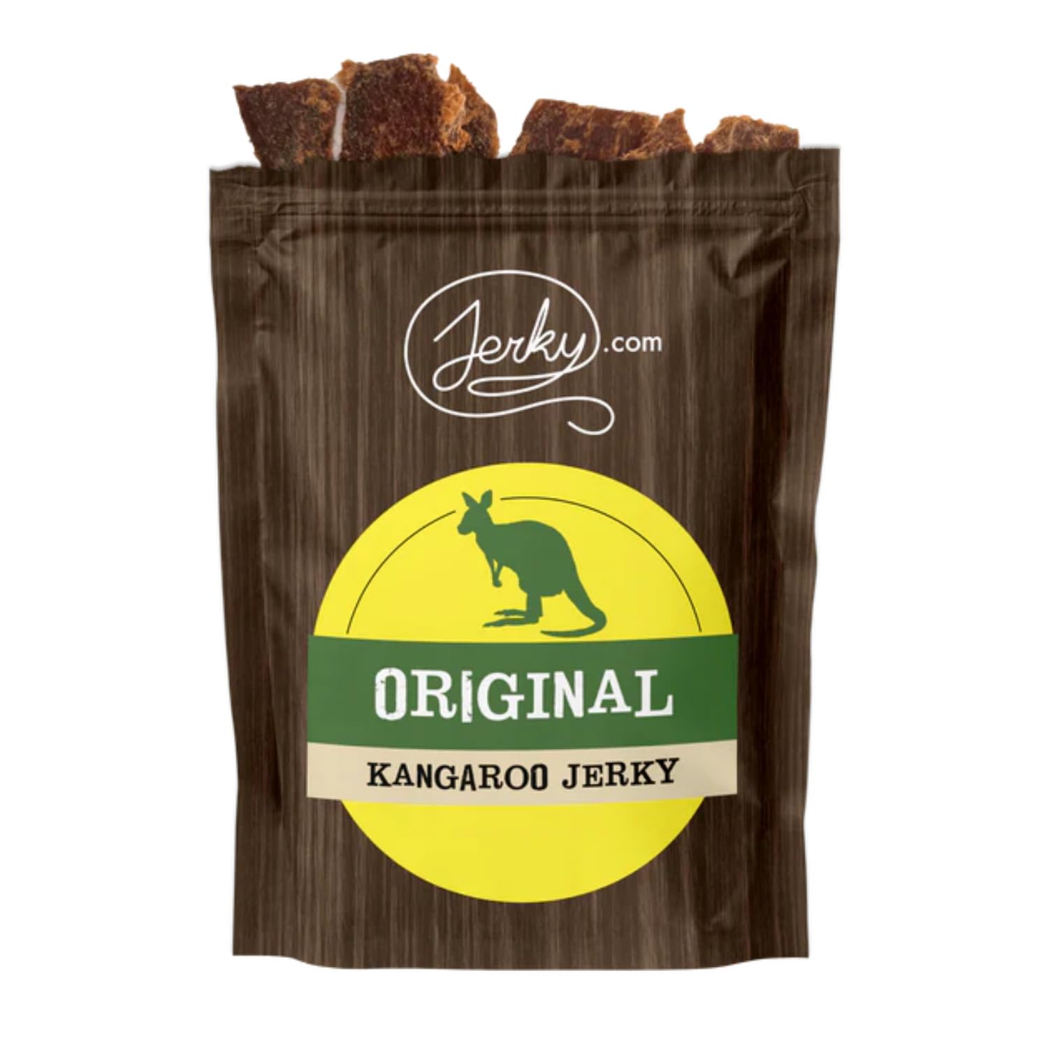 Jerky.com kangaroo front packaging showing resealable bag and snack convenience