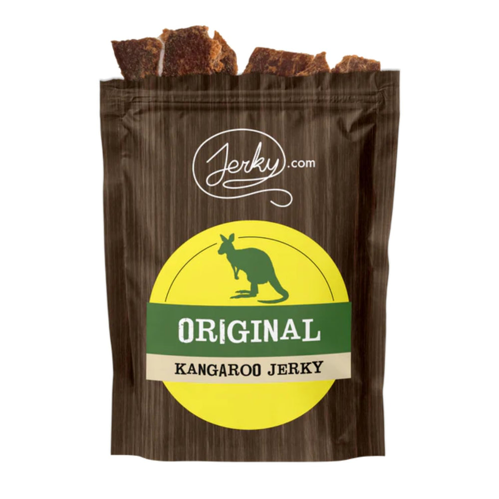 Jerky.com kangaroo front packaging showing resealable bag and snack convenience
